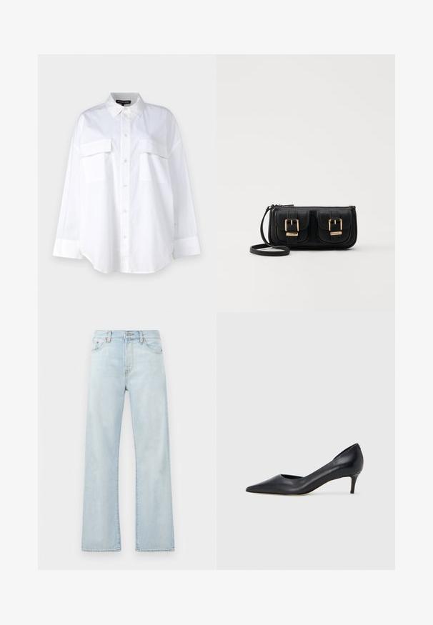 White button-up shirt made of cotton, featuring a classic collar, two chest pockets, and long sleeves with cuffs. Smooth texture.; Light blue denim jeans with a high waist, wide-leg design, and subtle fading. Features classic five-pocket styling and tonal stitching accents.; Black leather pump with a pointed toe and low heel. Features a smooth texture and subtle sheen. Open cut at the front for added detail.; Black leather crossbody bag with two front pockets, gold buckles, zipper closure, and a slim strap. Textured surface and compact rectangular shape.