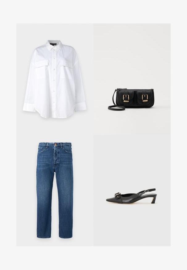 Hvit knapp-up skjorte laget av bomull, med klassisk krage, to brystlommer og lange ermer med mansjetter. Glatt tekstur.; Mørkeblå denimbukser med rette ben, med glidelås, fem lommer og kontraststingdetaljer.; Svarte skinn slingback-sko med spiss tå, liten hæl og dekorativ spenne-detalj på overdelen. Glatt tekstur, minimalistisk design.; Svart skinn crossbody veske med to frontlommer, gyldne spenner, glidelåslukking og en slank stropp. Teksturert overflate og kompakt rektangulær form.
