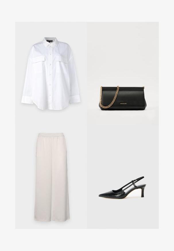 Hvit knapp-up skjorte laget av bomull, med klassisk krage, to brystlommer og lange ermer med mansjetter. Glatt tekstur.; Lys beige vide bukser med elastisk talje. Glat stof, fuld længde, ingen synlige dekorationer eller mønstre.; Sorte patent slingback hæl med spids tå, featuring tekstureret slangeskind, justerbar rem og en kort, tekstureret blokhæl.; Svart skinnkuvertveske med en gullkjede-rem, med en glatt tekstur, rektangulær form og preget merkevare på forsiden.