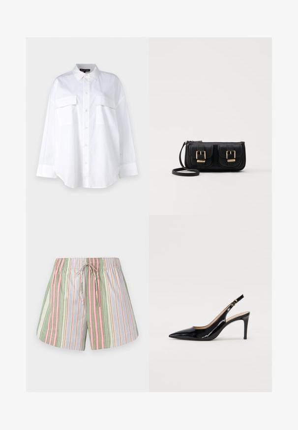 Cămașă albă cu nasturi, confecționată din bumbac, cu guler clasic, două buzunare pe piept și mâneci lungi cu manșete. Textură netedă.; Pantaloni scurți din bumbac cu dungi, cu un cordon de ajustare la talie. Prezintă linii verticale verzi, roz, mov și crem. Textură moale, croială lejeră.; Pantofi slingback din piele patent neagră, cu vârful ascuțit, tocul subțire și un design discret cu decupaj. Se evidențiază printr-un cataramă aurie pe curea.; Geantă neagră din piele, tip crossbody, cu două buzunare frontale, catarame aurii, închidere cu fermoar și o curea subțire. Suprafață texturată și formă rectangulară compactă.