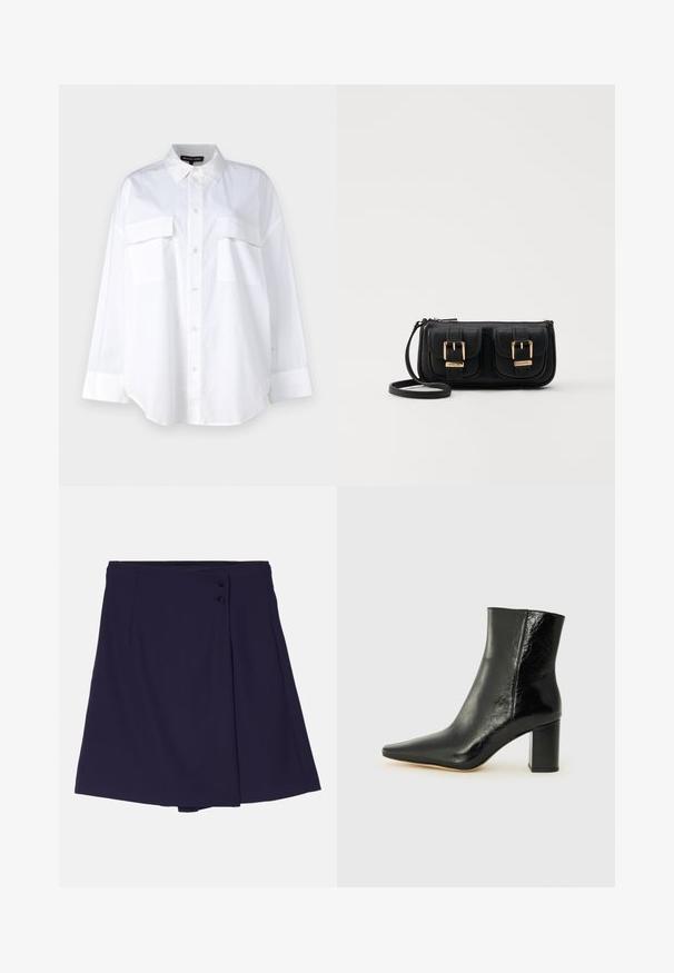 Camisa blanca de botones de algodón, con cuello clásico, dos bolsillos en el pecho y mangas largas con puños. Textura suave.; Emporio Armani Shorts - navy blue; Botín negro hasta el tobillo fabricado en cuero brillante con punta afilada y tacón cuadrado y grueso. Presenta una textura suave y un diseño minimalista.; Bolso cruzado de cuero negro con dos bolsillos frontales, hebillas doradas, cierre de cremallera y una correa delgada. Superficie texturizada y forma rectangular compacta.
