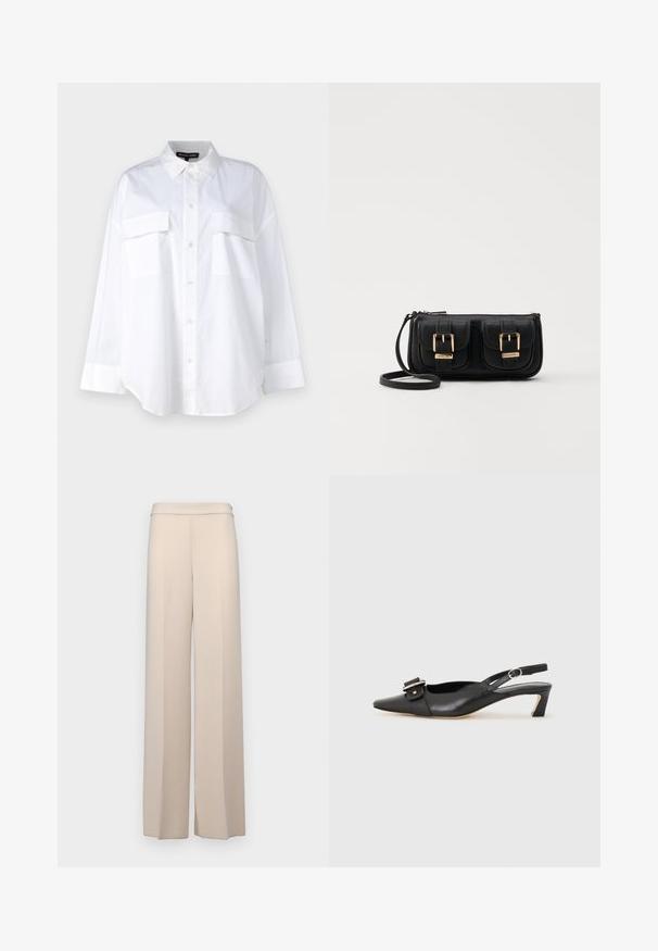 Biela košeľa na gombíky vyrobená z bavlny, s klasickým golierom, dvoma náprsníkovými vreckami a dlhými rukávmi s manžetami. Hladká textúra.; Béžové nohavice s širokými nohavicami z hladkej tkaniny, s vysokým pásom a jemnými prednými skladmi. Bez vreciek alebo viditeľných horských detailov.; Čierne kožené sandále s úzkym prstom, malým opätkom a dekoratívnou sponou na vrchnej časti. Hladká textúra, minimalistický dizajn.; Čierna kožená crossbody taška s dvoma prednými vreckami, zlatými sponami, zipsovým uzatváraním a úzkym popruhom. Štruktúrovaný povrch a kompaktný obdĺžnikový tvar.
