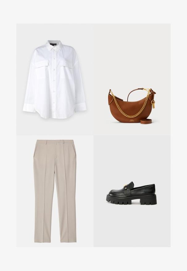 White button-up shirt made of cotton, featuring a classic collar, two chest pockets, and long sleeves with cuffs. Smooth texture.; Filippa K EMMA TROUSERS - Trousers - desert tau; Black leather loafers with a chunky sole, featuring a gold-tone accent on the front and a smooth finish. Chunky tread design on the sole.; Brown leather handbag with a curved design, gold chain strap, interior pocket, and a detachable shoulder strap. Features contrasting stitching.