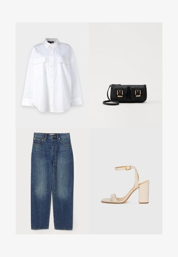 Fehér gombos ing, pamutból készült, klasszikus gallérral, két mellzsebével és hosszú ujjaival, amelyek mandzsettával rendelkeznek. Sima textúra.; Kék, magas derékú, egyenes szárú farmernadrág, elöl és hátul zsebekkel, övhurkokkal, gombos záródással és finom, kopottas részletekkel a szárakon.; Beige színű magassarkú szandál négyzet alakú orral, vékony bokapánttal és tömbsarkúval. Simas bőrfelület arany csattal díszítve.; Fekete bőr keresztbody táska két elülső zsebbel, arany csattokkal, cipzáras záródással és vékony pánttal. Textúrált felület és kompakt téglalap alak.