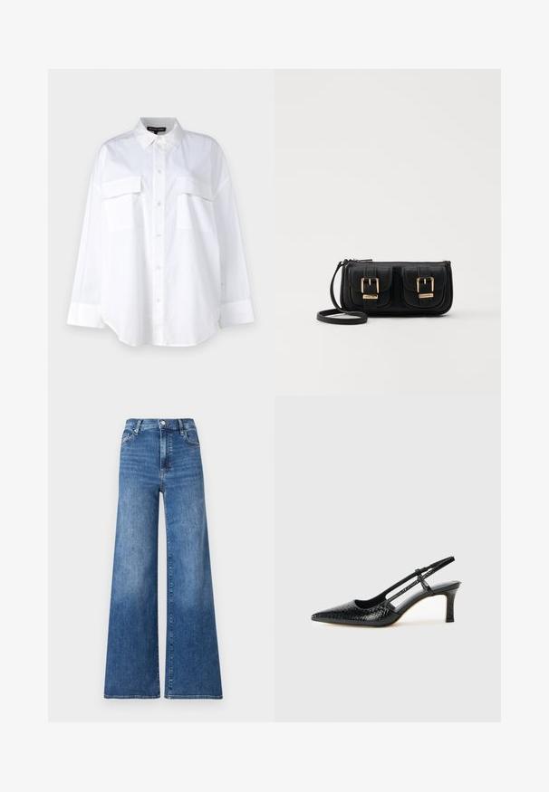 Hvit knapp-up skjorte laget av bomull, med klassisk krage, to brystlommer og lange ermer med mansjetter. Glatt tekstur.; Bredde ben blå denimjeans med høy midje, med knappeåpning, frontlommer og subtil fading for tekstur.; Sorte patent slingback hæl med spids tå, featuring tekstureret slangeskind, justerbar rem og en kort, tekstureret blokhæl.; Svart skinn crossbody veske med to frontlommer, gyldne spenner, glidelåslukking og en slank stropp. Teksturert overflate og kompakt rektangulær form.