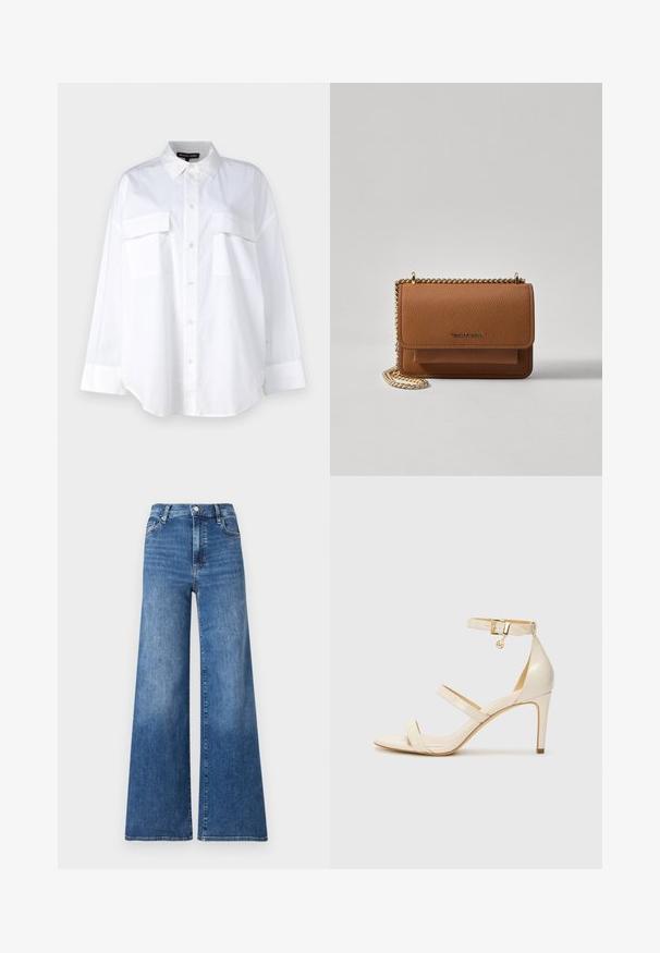 Biela košeľa na gombíky vyrobená z bavlny, s klasickým golierom, dvoma náprsníkovými vreckami a dlhými rukávmi s manžetami. Hladká textúra.; Džíny s širokými nohavicami v modrej denimovej farbe, s vysokým pásom, so zapínaním na gombík, prednými vreckami a jemným vyblednutím pre textúru.; Béžové sandále na vysokom podpätku s tenkým remienkom okolo členka a dvoma hornými remienkami. Lesklý lakovaný povrch a zlaté kovové detaily na remienku okolo členka.; Hnedá textúrovaná kožená taška cez telo s zlatým reťazovým popruhom a preklopným uzáverom. Predná strana obsahuje detail s logom a vrecko pod preklopkou.