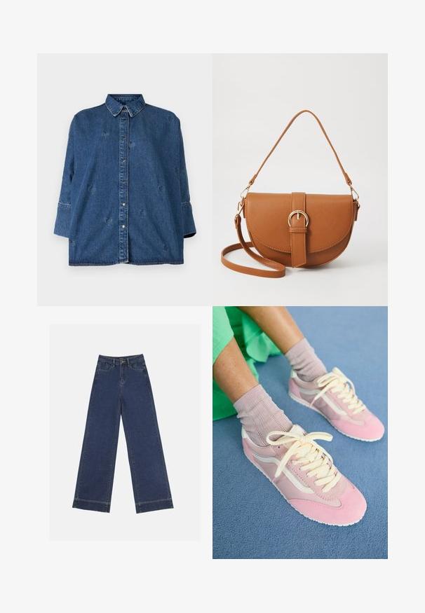 Denim shirt with a classic collar, blue color, oversized fit, and decorative heart-shaped cutouts. Features snap buttons and long sleeves.; Wide-leg jeans in dark blue denim. Features five pockets, belt loops, and a raw hem at the bottom with visible stitching details.; Pink athletic sneakers made of suede and mesh with cream accents. Features thick laces, a textured surface, and a white rubber sole.; Brown leather crossbody bag with a curved shape, gold hardware, and a buckle accent. Features a detachable shoulder strap.