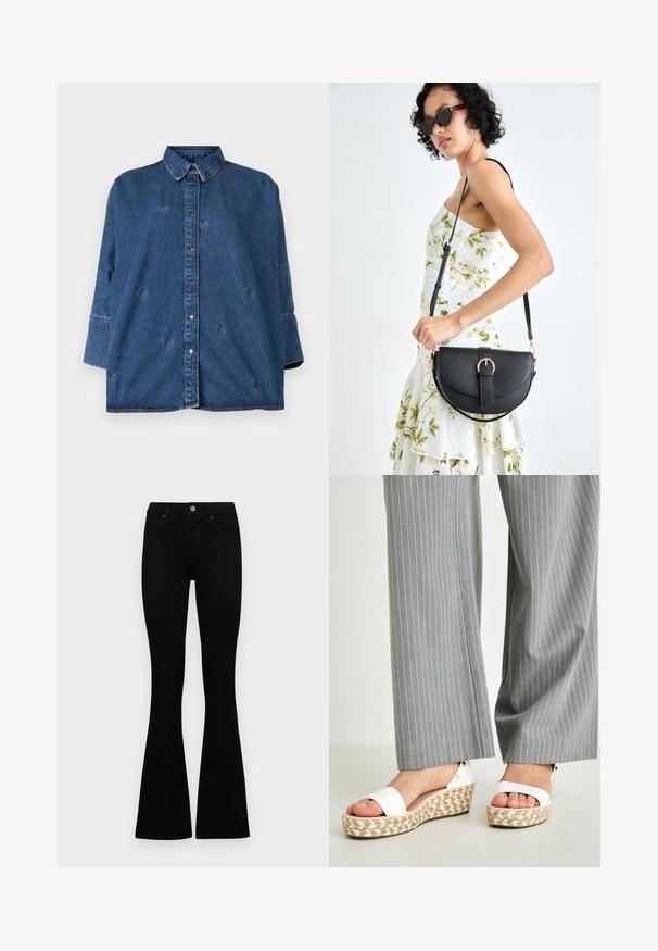 Denim särg klassikalise kaelusega, sinine värv, oversized lõige ja dekoratiivsete südamekujude lõigetega. Omab nupuleheket ja pika varrukaga disaini.; Mustad kõrge vöökohtadega teksad, millel on nööp ja lukuga sulgemine, esikäe taskud ja laienevad sääred, asetatud tasasele valgele taustale.; Valged vitsad sandaalid koos kudumisega espadrille tallaga, millel on sile ülemine rihm ja peene metalldetail kontsadel. Hallid triibulised püksid on nähtavad.; Mustmust mustraha kõverate joontega, eemaldatava rihmaga ja kuldsete detailidega. Kotil on klapp, millel on pandladetail.