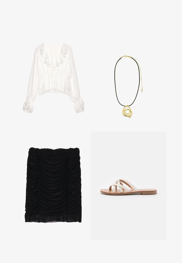 Valge pluus volangidega kaeluses ja varrukates, millel on lühendatud disain, tekstuuriga kangas ning reguleeritavad sidemed ees ja varrukatel.; Mustalähe mini seelik kokku tõmmatud kangaga, millel on volditud disain ja rütmiline äär. Valmistatud pehmest materjalist, millel on sile tekstuur.; Lamed flat sandaalid valgest nahast rihmadega, looduslikust nahast sisetallaga ja heledast pruunist välistallast. Avatud varbaga disain, minimalistlik ja saledalt stiliseeritud.; Pilgrim UNFOLD - Kaelakee - gold