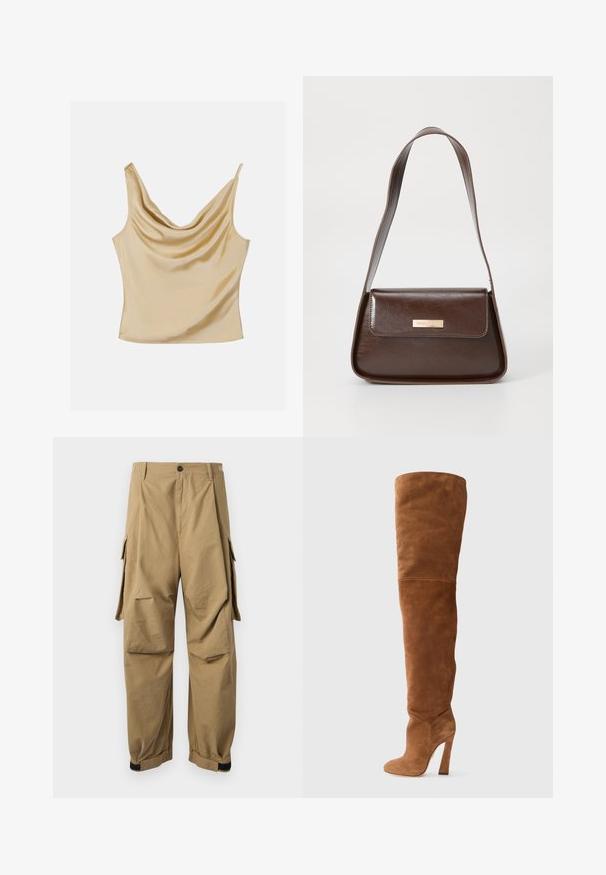 Satin bluzica s kapuljačom u svijetlo bež boji, s tankim naramenicama i glatkom, svilenkastom teksturom, opuštenog kroja i minimalističkog dizajna.; Kaštirane cargo hlače od laganog materijala, s bočnim cargo džepovima, kopčanjem na gumbe i elastičnim manžetama na gležnjevima.; Visoke smeđe suknjice do bedara od antilopa s oštrim nosom, štiklom i glatkom teksturom; ima besprijekoran dizajn i prilagođeni siluetu.; Smeđa kožna torba za rame sa strukturiranim oblikom, koja ima magnetsko zatvaranje na preklopu i metalni logo akcent na prednjoj strani.