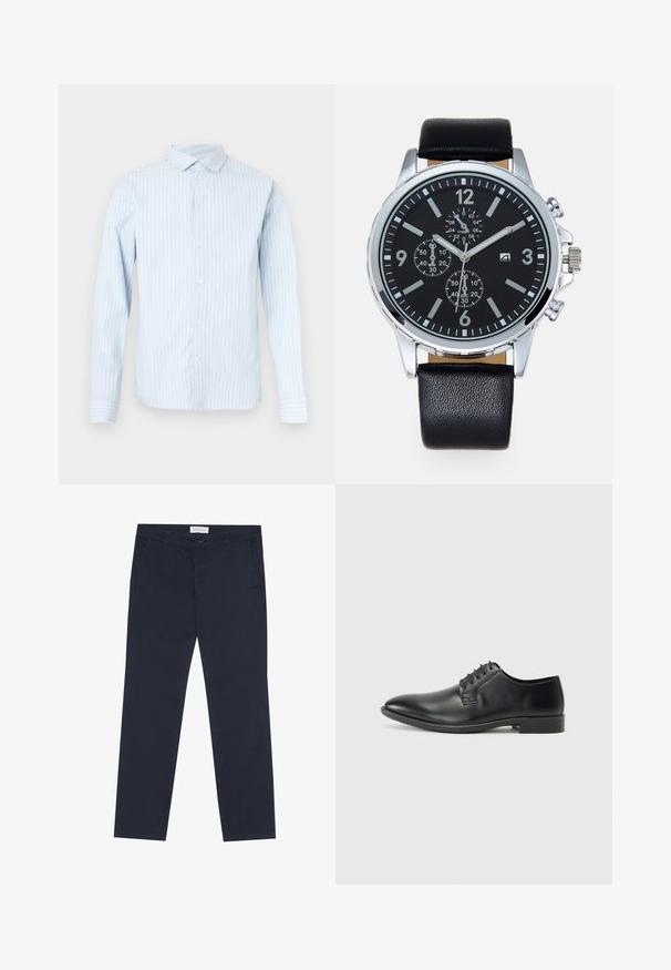 Light blue long-sleeve shirt with vertical white stripes, button-down collar, and buttons down the front. Cotton fabric with a smooth texture.; Navy blue chinos made of cotton with a smooth texture, featuring a zip fly, belt loops, and side pockets for functionality.; Black leather dress shoe with a smooth surface, lace-up design, pointed toe, and a low-profile rubber sole. Minimalist shape and accents.; Black leather strap watch with a silver stainless steel case. Black dial features white hour markers, silver hands, and three sub-dials.