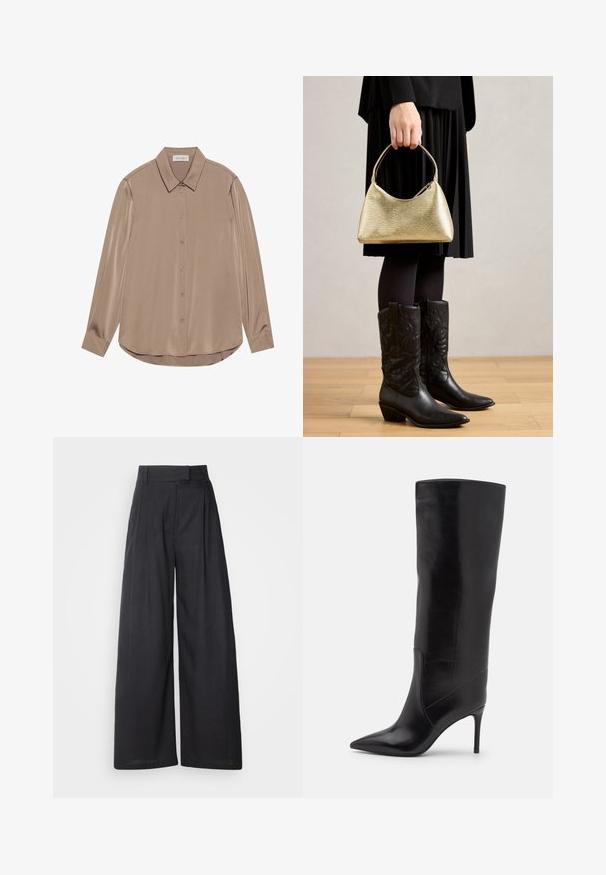 Bluzica dugih rukava u taupe satenu s oštrom kragnom, prednjim zatvaranjem na gumbi i zaobljenim rubom. Glatka tekstura i oblikovani kroj.; Tamni široki hlače s strukturiranim pojasom i nabranim detaljima. Izrađene su od lagane tkanine, s glatkom teksturom i bez vidljivih uzoraka.; Jeffrey Campbell ARSEN - Čizme - black; Zlatna teksturirana torba s zakrivljenim oblikom i kratkom ručkom, koju drži osoba u crnoj plisiranoj suknji i crnim kožnim kaubojskim čizmama.