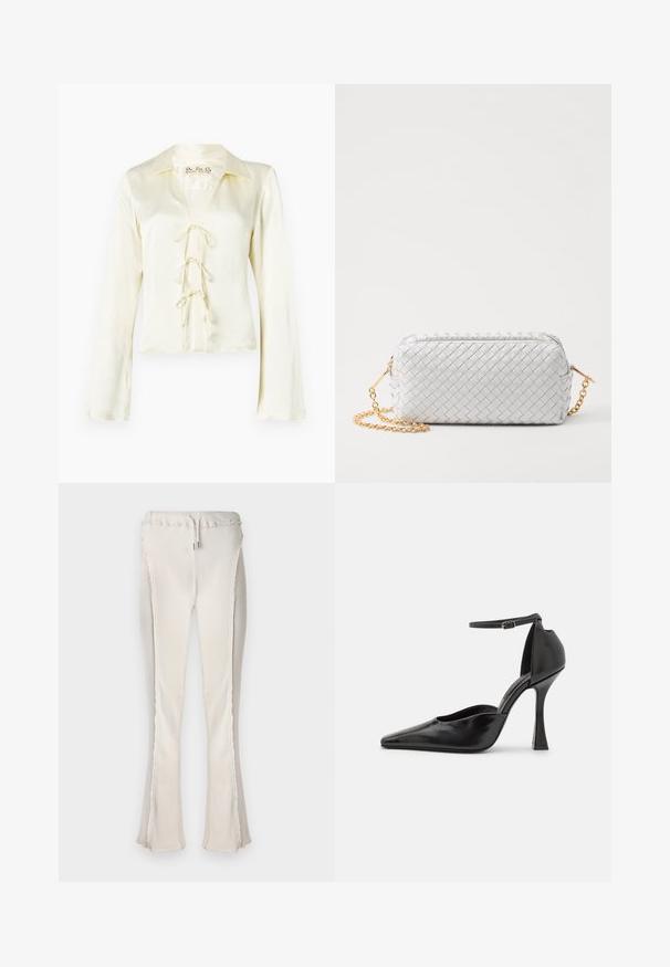 Kerman pitkähihaisessa paidassa on kaulus ja V-mallinen kaula-aukko, ja siinä on nauhakiinnitys kolmella kangassiteellä sekä sileä, silkkinen pinta.; Vaaleanbeiget leveälahkeiset housut, joissa on ribbikuvio, kiristysvyötärö ja raakapinnat sivusaumassa sekä helman reunassa.; Mustat korkokengät, joissa on kiiltävä pinta, kärki on terävä, nilkkahihna sekä veistoksellinen stiletto-korko. Sujuva pinta ja tyylikäs muotoilu.; Elleme TROUSSE CHAIN - Olkalaukku - white