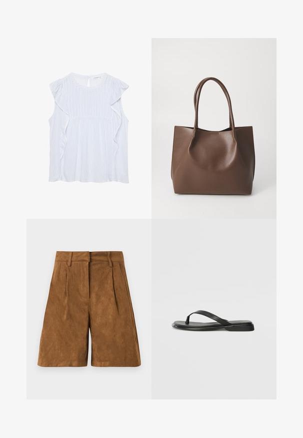 Svijetloplava prugasta bluzica s okruglim izrezom, nabranim ramenima i otvorom na leđima u obliku ključa. Tkanina je mekana i lagana.; Smeđe suknje od nubuka s glatkom teksturom, s prednjim nabranim detaljima, ravnim pojasom i ravnim krojem.; Crne japanke od glatke kože, s tankim remenčićem i ravnim potplatom minimalističkog profila. Bez značajnih uzoraka ili akcenata.; Smeđa kožna torba s dugim ručkama, strukturiranog oblika, glatke teksture i minimalističkog dizajna. Nema vidljivih metalnih dijelova ili ukrasa.