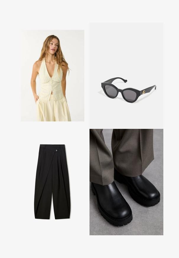 Halter-neck top i lys gul med lodrette striber, der har en dyb V-udskæring og frontknaplukning. Glat stof med en tætsiddende silhuet.; Sorte brede bukser lavet af glat stof, med frontfolder, knaplukning og skræddersyet design for en struktureret silhuet.; Sorte læder ankelstøvler med en kraftig gummisål, glat overflade, rund tå og minimal detaljer. Sammen med lysegrå bukser.; Sorte solbriller med en kantet katteøje-form, der har mørkt tonede linser. Guld logo detaljeret på stangen. Glat plastikramme.