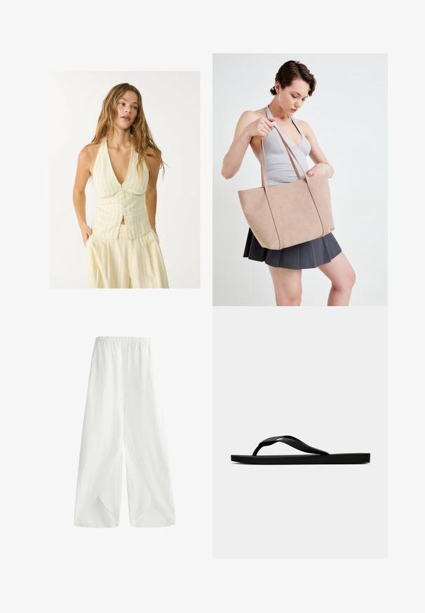 Top na halter w jasnym żółtym kolorze z pionowymi paskami, z głębokim dekoltem w serek i zapięciem na guziki z przodu. Gładki materiał z dopasowanym krojem.; Białe spodnie z szerokimi nogawkami, wykonane z lekkiego materiału, z elastycznym pasem i bocznymi rozporkami zapewniającymi wentylację oraz swobodę ruchów.; Czarne gumowe klapki z teksturowanym paskiem i prostą płaską podeszwą, przedstawione z boku na jasnym jednolitym tle.; Beżowa torba tote z faux skóry, z dwoma uchwytami, prostokątnym kształtem i gładką fakturą. Torba charakteryzuje się prostym, minimalistycznym designem.