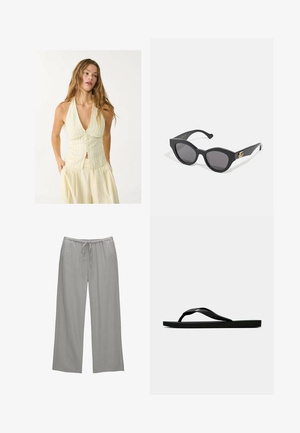 Halenka na krk ve světlé žluté barvě s vertikálními pruhy, vybavená hlubokým výstřihem do V a zapínáním na knoflíky vpředu. Hladká tkanina s přiléhavým střihem.; Světle šedé široké kalhoty vyrobené z měkké látky, s elastickým pasem se šňůrkou a bočními kapsami.; Černé gumové žabky s texturovaným páskem a jednoduchou plochou podrážkou, zobrazené z boku na světlém pozadí.; Černé sluneční brýle s ostrým kočičím tvarem, vybavené tmavými skly. Zlatozlatý akcent s logem na stranici. Hladký plastový rám.