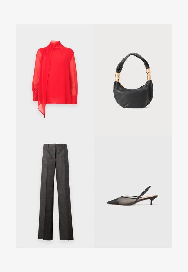 Crvena prozirna bluza s visokim ovratnikom i dugim rukavima. Ima detalj od tkanine koji se proteže i manžete na kopčanje. Krojena je po mjeri.; Sive karirane hlače širokih nogavica s crvenim naglascima, glatkom završnom obradom i krojenim pojasom. Dizajn srednjeg struka, idealan za formalne prilike.; NEOUS IRENA - Klasične cipele s visokom petom - black; Crna kožna torba s okruglim oblikom, mekim teksturom i čvorastom ručkom s zlatnim metalnim detaljima. Zatvaranje na patentni zatvarač.