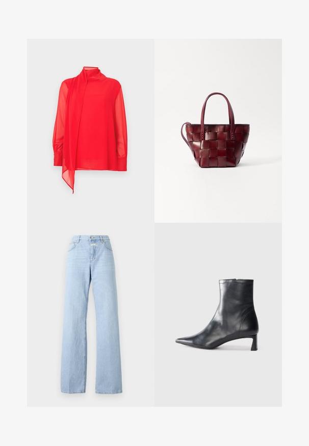 Red, sheer blouse with a high neck and long sleeves. Features a trailing fabric detail and buttoned cuffs. Tailored fit.; Light blue wide-leg jeans made of denim; features a five-pocket design, front button closure, and subtle fading on the fabric.; Black leather ankle boot with a pointed toe and a sleek design. Features a low heel and a zipper closure at the back. Smooth texture.; Woven burgundy leather tote bag with two short handles and a detachable shoulder strap. Features a structured shape and smooth texture.