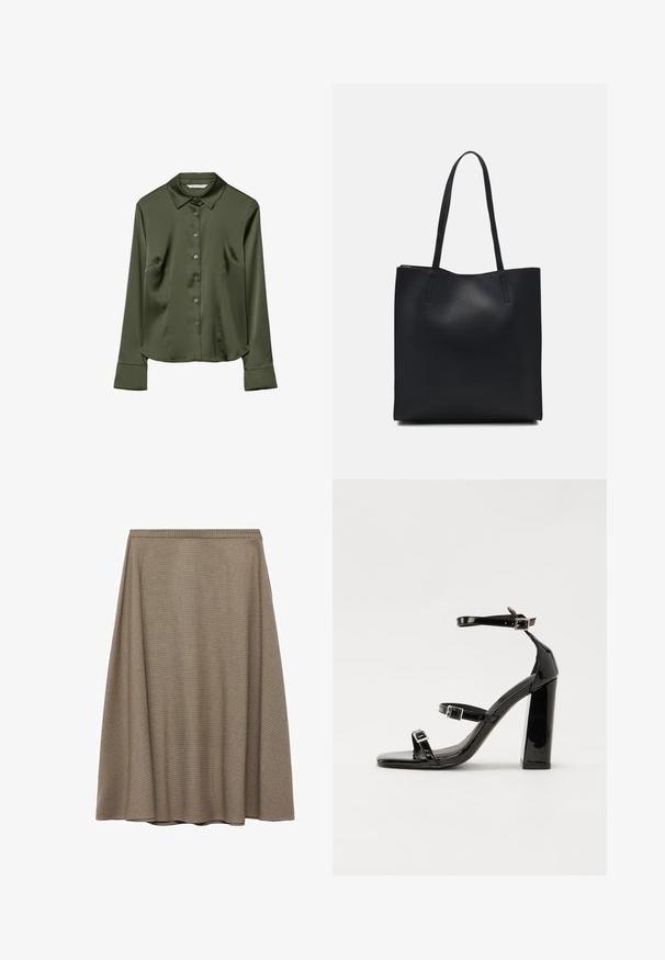 Camicia in satin verde oliva con colletto, maniche lunghe, chiusura frontale con bottoni e tasche laterali. Tessuto morbido con vestibilità classica.; Una gonna A-line lunghezza ginocchio realizzata in un tessuto marrone testurizzato con un sottile motivo a quadri, dotata di una cintura liscia e una silhouette drappeggiata.; Sandali con tacco in vernice nera, con punta squadrata, cinturini alla caviglia e fibbie in argento. Presentano un tacco a blocco spesso per maggiore stabilità.; Borsa tote in pelle nera con texture liscia, forma rettangolare e due manici lunghi. Nessun hardware o decorazione visibile.