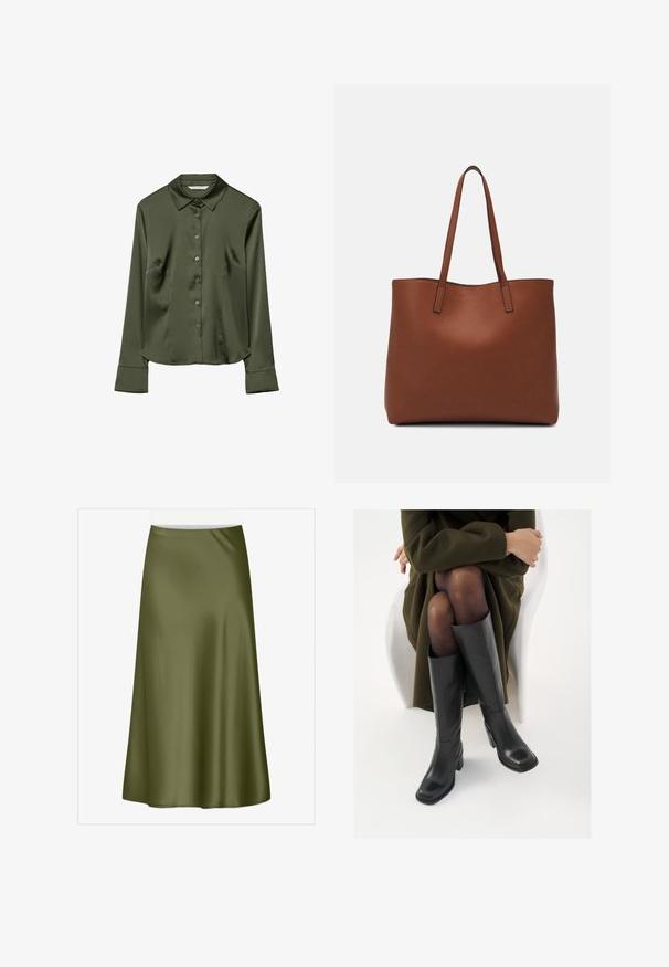 Olivengrøn satin skjorte med krave, lange ærmer, frontknaplukning og sidelommer. Glat tekstur med en klassisk pasform.; Oliven grøn, knælængde satin nederdel med en glat tekstur og blød flare. Har en talje og ingen synlige lukninger eller mønstre.; Knæhøje sorte læder støvler med firkantet tå og blokhæl, vist med en model siddende i en olivengrøn frakke. Glat tekstur, minimal detaljer.; Brun læder tote taske med en glat overflade, åben topdesign og to skulderremme. Har minimal syning og ingen synlig hardware.