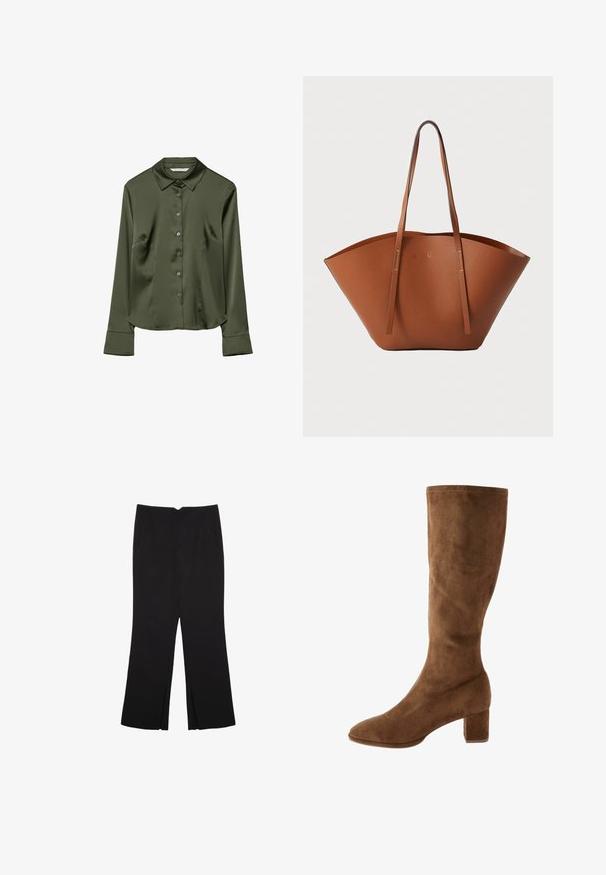 Camicia in satin verde oliva con colletto, maniche lunghe, chiusura frontale con bottoni e tasche laterali. Tessuto morbido con vestibilità classica.; Pantaloni neri a gamba dritta, con tasche frontali e spacchi laterali all'orlo. Realizzati in tessuto morbido e liscio. Adatti a diverse occasioni.; Stivale marrone in suede alto fino al ginocchio, con punta affusolata e tacco a blocco, caratterizzato da una texture liscia e cuciture pulite lungo i bordi.; Borsa tote in pelle marrone con una forma ampia e strutturata, manici sottili e una finitura testurizzata. Presenta un design minimalista senza hardware visibile.