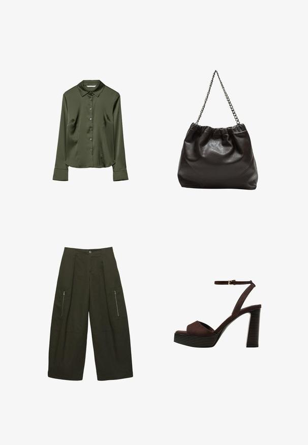 Olive green satin shirt with a collar, long sleeves, front button closure, and side pockets. Smooth texture with a classic fit.; Wide-leg cargo pants in dark green fabric, featuring two zippered side pockets, pleated front design, and stitched detailing at hem.; Brown suede high-heeled sandal with an open toe, adjustable ankle strap, and a striped platform sole.; Brown leather bag with a gathered top and a chain strap. Smooth texture with a glossy finish and subtle seam detailing on the sides.