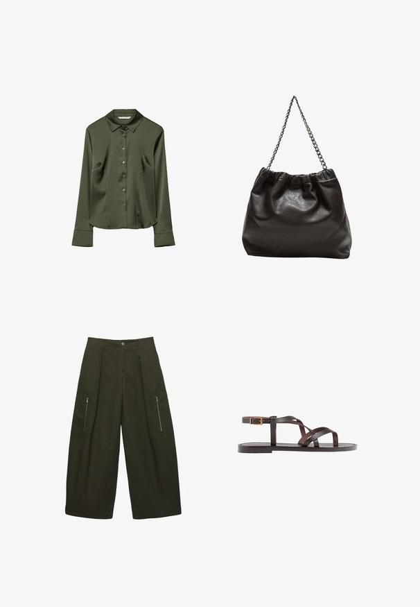 Olivengrüne Satinbluse mit Kragen, langen Ärmeln, vorderem Knopfverschluss und seitlichen Taschen. Glatte Textur mit klassischer Passform.; Cargo-Hosen mit weitem Bein aus dunkelgrünem Stoff. Sie sind mit zwei seitlichen Reißverschlusstaschen, einem gefalteten Frontdesign und gesteppten Details am Saum ausgestattet.; Braune Leder-Sandale mit überkreuzten Riemen, einem Knöchelriemen mit Schnalle und einer flachen Sohle mit minimalen Nähdetails.; Braune Lederhandtasche mit gerafftem Oberteil und Kettenriemen. Glatte Textur mit glänzendem Finish und subtilen Nahtdetails an den Seiten.