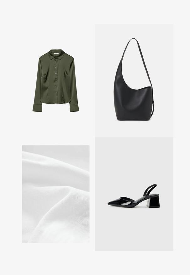 Oliivivihreä satiinipaita, jossa on kaulus, pitkät hihat, edessä nappikiinnitys ja sivutaskut. Suuri sileä pinta ja klassinen istuvuus.; Valkoinen kangas, jossa on sileä textura, hienovaraiset vino raiteet ja kevyt kiilto, aseteltuna pehmeisiin, virtaaviin laskoksiin.; Mustat patentoitu nahkakengät, joissa on säären takaosa ja terävä kärki, sekä geometrinen palikkakorko. Sisältää tyylikkään, minimalistisen muotoilun ja sileän pinnan.; Musta nahkainen hobo-laukku, jossa on sileä pinta, kaareva muoto ja yksi säädettävä olkahihna; sisäänkäynti on leveä ylhäältä.