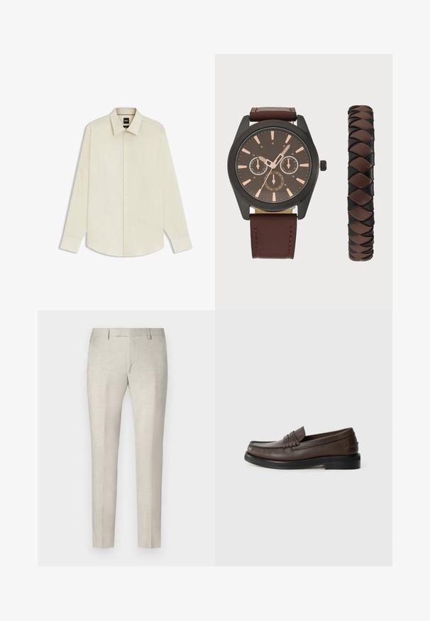 BOSS JOE KENT - Formal shirt - open white eleven; JOOP! Trousers - beige; Brown leather loafer with a stitched detail on the toe, flat sole, and a low stacked heel. Smooth texture with minimalistic design elements.; Pier One SET - Watch - black/brown