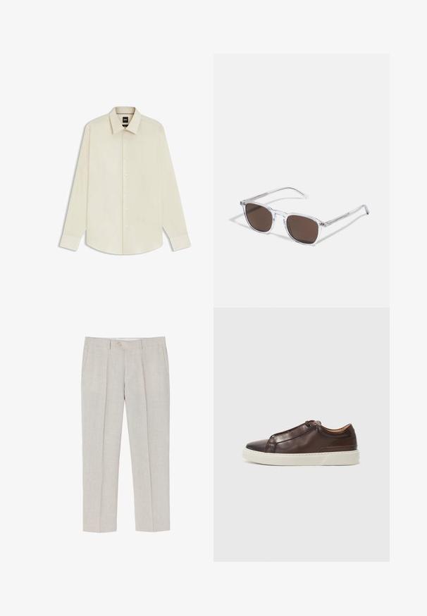 BOSS JOE KENT - Business skjorter - open white eleven; Lyse beige linned bukser med lige ben, subtil tekstur, to frontlommer og en enkelt knaplukning i taljen.; Brune læder sneakers med rund tå, kontrasterende hvid gummisål, syede detaljer og ingen synlige snørebånd. Glat overflade.; Klare plastik solbriller med rektangulære brune linser, med tynde, transparente stænger og metal accenter på templerne.