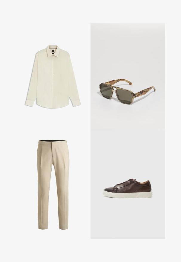 BOSS JOE KENT - Formal shirt - open white eleven; Beige tailored trousers with single pleats, straight legs, and a smooth texture. Features a discreet waistband and no visible hardware.; Brown leather sneaker with a rounded toe, contrasting white rubber sole, stitched accents, and no visible laces. Smooth texture overall.; BOSS Sunglasses - brown