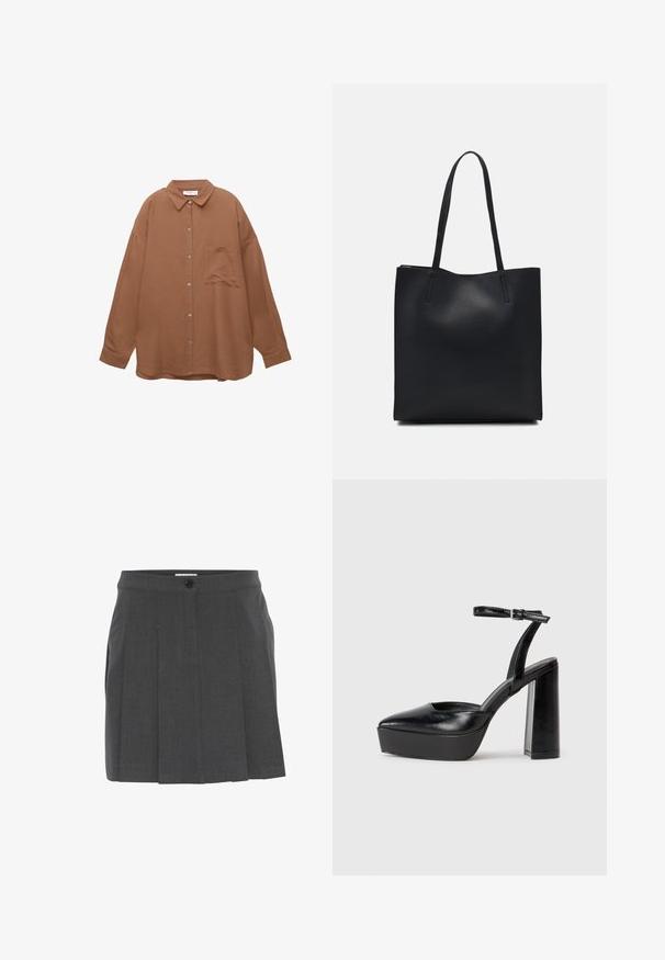Bruine button-up shirt met een puntige kraag, lange mouwen en een borstzak. Heeft een gestructureerde stof en zilveren hardware knopen.; Grijze plissé rok met een tailleband, voorzien van een sluiting met knopen aan de voorkant. Gemaakt van textuurstof, ontworpen voor een getailleerde pasvorm.; Zwarte plateauhakken met een puntige neus en verstelbare enkelband. Gemaakt van soepel leer, met een robuuste blokhak.; Zwarte leren handtas met een gladde textuur, rechthoekige vorm en twee lange handvaten. Geen zichtbare hardware of versieringen.