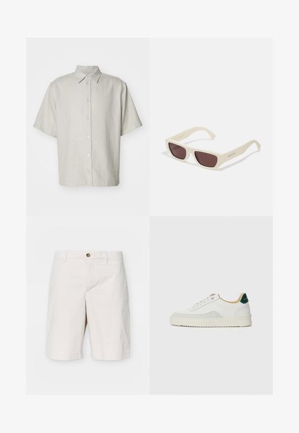 Krátký rukáv, košilový střih v světle béžové barvě s jemnou žebrovanou texturou, s pěti knoflíky vpředu a volnějším střihem.; J.LINDEBERG SHANE CLOUD - Šortky - moonbeam; Bílé tenisky se semišovými prvky, kulatou špičkou, plochými tkaničkami a krémovou gumovou podrážkou. Na patě mají zelené logo.; Gucci UNISEX - Sluneční brýle - ivory-ivory-brown