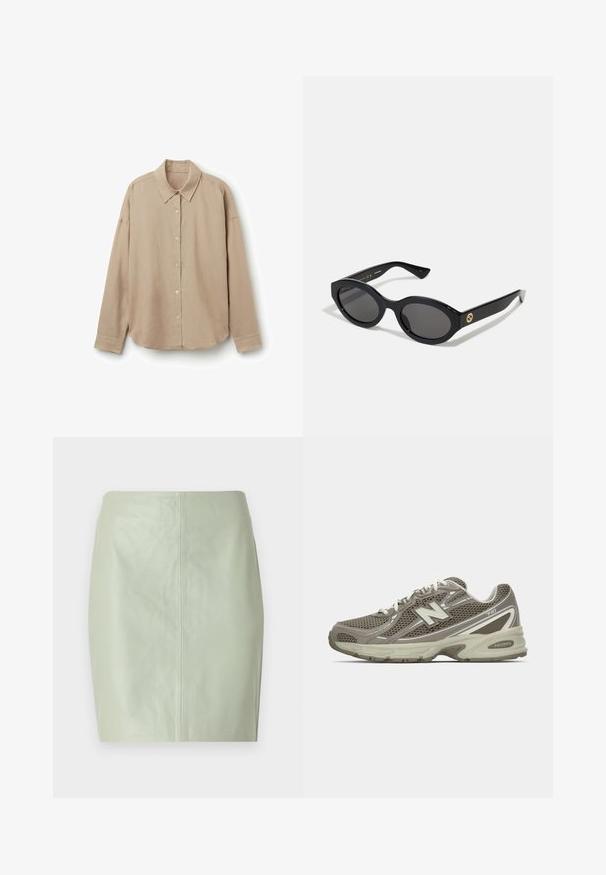 Beige Langarmhemd aus leichtem Stoff, mit Kragen, Knopfleiste und abgerundetem Saum. Glatte Textur, entspannte Passform.; Mintgrüner Leder-Minirock mit glatter Textur, taillierter Passform und einer mittigen Naht, die vertikal auf der Rückseite verläuft.; Sportlichen Schuh aus grauem und beigem Mesh mit strukturierter Oberfläche, ausgestattet mit einer gepolsterten Sohle, weißen Schnürsenkeln und reflektierenden silbernen Akzenten.; Schwarze ovale Sonnenbrille mit dunklen Gläsern und glänzendem Kunststoffrahmen. Mit goldenem Logo am Bügel, das ein elegantes und modernes Design bietet.; Goldene, kugelförmige Steckohrringe mit polierter Oberfläche und kleinem Steg. Sie weisen eine glatte Textur und reflektierende Oberfläche auf.
