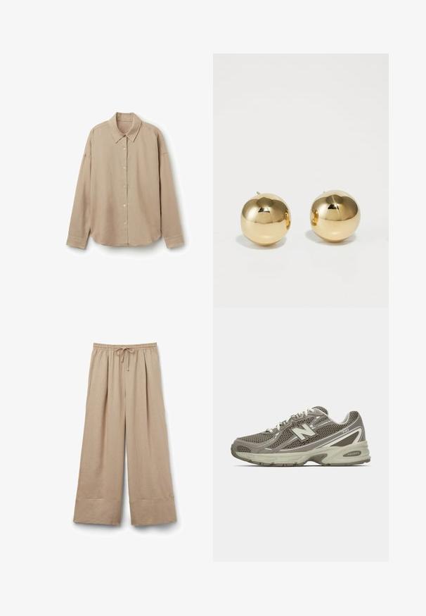 Beige košile s dlouhým rukávem vyrobená z lehké tkaniny, s límečkem, zapínáním na knoflíky a zaobleným lemem. Hladká textura, uvolněný střih.; Béžové kalhoty s širokými nohavicemi vyrobené z lehkého materiálu. Obsahují elastický pas s tkaničkou a rovné lemy.; Sportovní obuv v šedé a béžové síťovině s texturovaným povrchem, vybavená polstrovanou podrážkou, bílými šňůrkami a reflektivními stříbrnými akcenty.; Zlaté kulaté náušnice s hladkým povrchem a malým tácem. Mají jemnou texturu a odrazový povrch.