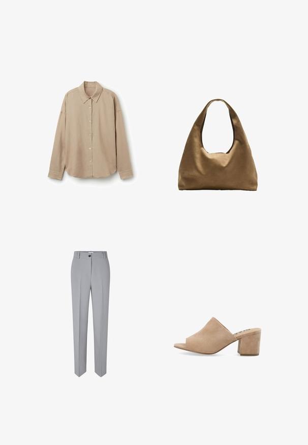 Beige Langarmhemd aus leichtem Stoff, mit Kragen, Knopfleiste und abgerundetem Saum. Glatte Textur, entspannte Passform.; Grau maßgeschneiderte Hose mit geradem Bein, aus einem glatten Stoff gefertigt. Verfügt über einen vorderen Knopfverschluss und zwei vordere Taschen.; Beige Wildleder Mules mit offenem Zehenbereich und Blockabsatz, die eine glatte Textur und ein breites Oberdesign aufweisen. Keine sichtbaren Hardware-Elemente oder Muster.; Braune Stoffschultertasche mit einem breiten, runden Körper und einem großen Ausschnittgriff. Sanfte Textur, minimalistisches Design und keine sichtbaren Beschläge.; Goldene, kugelförmige Steckohrringe mit polierter Oberfläche und kleinem Steg. Sie weisen eine glatte Textur und reflektierende Oberfläche auf.