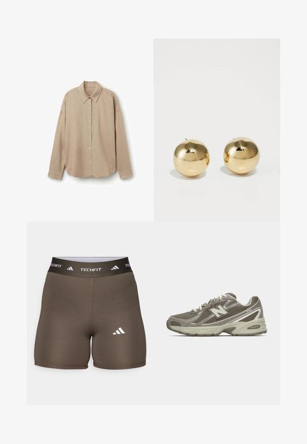 Beige Langarmhemd aus leichtem Stoff, mit Kragen, Knopfleiste und abgerundetem Saum. Glatte Textur, entspannte Passform.; adidas Performance Tights - shadow olive; Sportlichen Schuh aus grauem und beigem Mesh mit strukturierter Oberfläche, ausgestattet mit einer gepolsterten Sohle, weißen Schnürsenkeln und reflektierenden silbernen Akzenten.; Goldene, kugelförmige Steckohrringe mit polierter Oberfläche und kleinem Steg. Sie weisen eine glatte Textur und reflektierende Oberfläche auf.