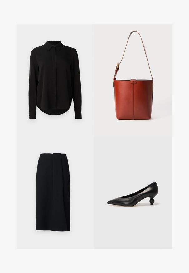 Zwarte blouse met lange mouwen, spitse kraag, verborgen knoopsluiting en afgeronde zoom tegen een eenvoudige witte achtergrond.; WEEKEND MaxMara DEBORAH - Kokerrok - nero; Zwarte leren hoge hak schoen met een spitse neus en een ronde, bolle hak. Gladde textuur met een elegant, minimalistisch ontwerp.; Bruine lederen emmerzak met verstelbare schouderband en gouden gesp, eenvoudige verticale naaddetails aan de voorkant.