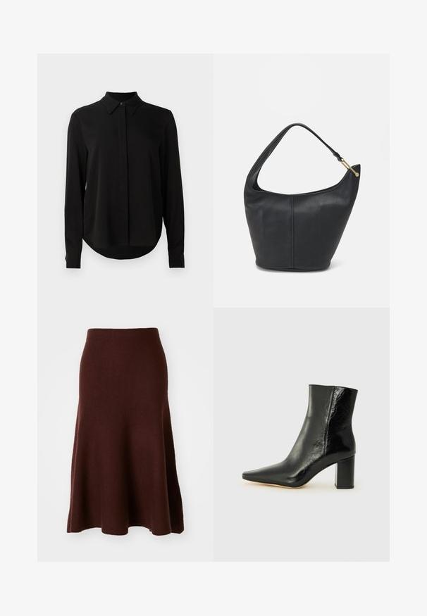 Mustat pitkähihaiset puserot, joissa on terävä kaulus, piilotettu nappilista ja kaareva helma yksinkertaista valkoista taustaa vasten.; Ruskea merinovillahame, A-linjainen muoto, sileä rakenne, polven pituinen ja levenevä helma, minimiset saumot, sopii arkikäyttöön.; Musta nilkkuri kiiltävästä nahasta, jossa on terävä kärki ja paksu, neliömäinen korko. Sisältää sileän pinnan ja minimalistisen muotoilun.; Mustan nahkainen käsilaukku, jossa on pyöreä muoto, leveä olkahihna ja teksturoitu pinta. Sisältää hienovaraisia saumaräätelyjä ja kultasävytteisen varusteen.