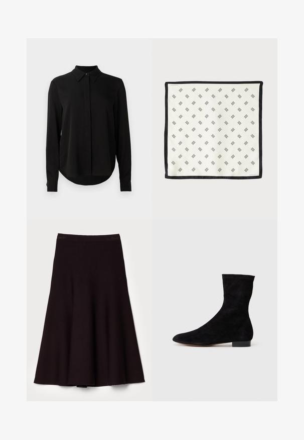 Sort langærmet bluse med spidse krave, skjult knaplukning og buet undertal mod en ensfarvet hvid baggrund.; Sort flagrende nederdel lavet af blødt stof, med en glat talje og et flydende A-linje design, med en længde til knæene.; Sorte suedestøvler til anklerne med en tætsiddende skaft, spids tå og lav blokhæl. Glat tekstur og minimalistisk design, velegnet til alsidig styling.; Hvid silke tørklæde med et gentagende sort geometrisk mønster, kantet med en solid sort kant. Letvægtig med en glat tekstur.