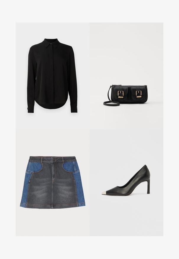 Mustat pitkähihaiset puserot, joissa on terävä kaulus, piilotettu nappilista ja kaareva helma yksinkertaista valkoista taustaa vasten.; Denimhame, jossa on tummanharmaa etuosa ja vaaleansiniset sivupaneelit, säännöllinen vyötärö, kaksi etutaskua ja kontrastiväriset tikkaus.; Musta nahkainen korkokenkä, jossa on kärkiosa ja metallinen hopeanvärinen kärki. Kenkä on sileäpintainen ja siinä on kapea 10 cm korko.; Musta nahkainen olkalaukku, jossa on kaksi etutaskua, kultaiset soljet, vetoketjukiinnitys ja kapea hihna. Teksturoidun pinnan ja kompaktin suorakaiteen muoto.