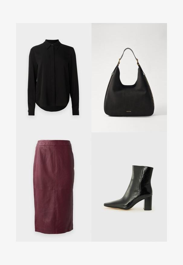 Zwarte blouse met lange mouwen, spitse kraag, verborgen knoopsluiting en afgeronde zoom tegen een eenvoudige witte achtergrond.; Bordeaux leren kokerrok met een soepele textuur, knie-lange ontwerp en subtiele stikdetails. Geen zichtbare sluitingen.; Zwarte enkellaarsjes van glanzend leer met een puntige neus en een stevige, vierkante hak. Heeft een gladde textuur en een minimalistisch ontwerp.; MICHAEL Michael Kors NOLITA HOBO  - Handtas - black