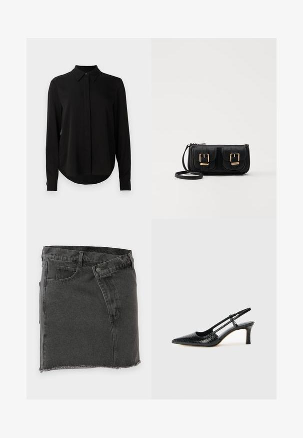 Zwarte blouse met lange mouwen, spitse kraag, verborgen knoopsluiting en afgeronde zoom tegen een eenvoudige witte achtergrond.; Zwarte denim minirok met voorzakken, ri loops, knoopsluiting en rafelrand details.; Zwart patent slingback hak met een spitse neus, voorzien van een gestructureerde slangenprint, verstelbare band en een korte, gestructureerde blokhak.; Zwarte leren schoudertas met twee vo pockets, gouden gespen, ritsluiting en een smalle band. Tekstuur oppervlak en compacte rechthoekige vorm.