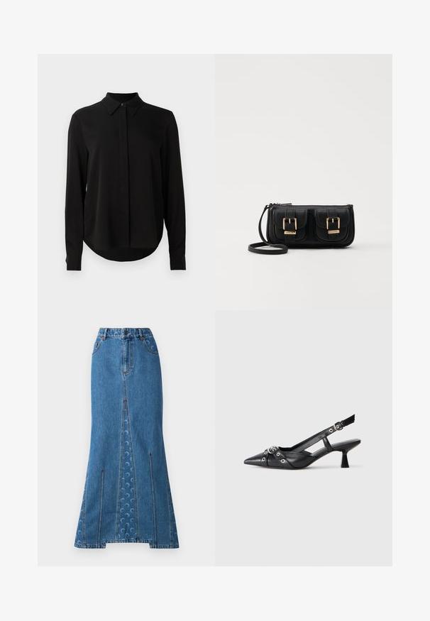 Juoda ilgomis rankovėmis blusa su smailiu apykakle, paslėptu mygtukų užsegimu ir kreivu hemu ant vientiso balto fono.; Džinsinė maxi sijonas vidutinio mėlynumo, su prigludusia liemene, tiesia siluetu, kontrastingais raudonais siūlais ir subtiliu apvaliu raštu nugaroje.; Juodas odinis slingback tipo batai su smailiu priekiniu atvartu, dekoratyvinėmis sagtimis su metaliniais akyčiais ir žemu blokiniu kulnu. Saldus paviršius.; Juodas odinis per petį nešiojamas krepšys su dviem priekiniais kišenėmis, auksiniais sagtimis, užtrauktuko uždarymu ir siauromis petnešomis. Textūruota paviršius ir kompaktiškas stačiakampis formatas.