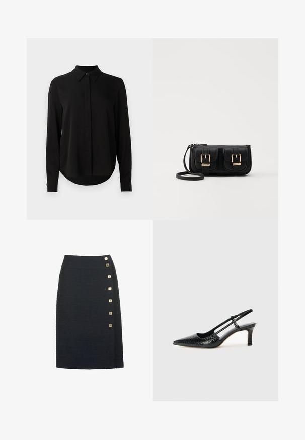 Fekete hosszú ujjú blúz hegyes gallérral, rejtett gombsorttal és ívelt aljjal egy sima fehér háttér előtt.; Fekete struktúrázott ceruzaszoknya magas derékkal, az egyik oldalon hat arany négyzetgombbal, függőlegesen elrendezve.; Fekete lakk slingback sarok, hegyes orral, texturált kígyómintával, állítható pánttal és rövid, texturált tömbsarkal.; Fekete bőr keresztbody táska két elülső zsebbel, arany csattokkal, cipzáras záródással és vékony pánttal. Textúrált felület és kompakt téglalap alak.