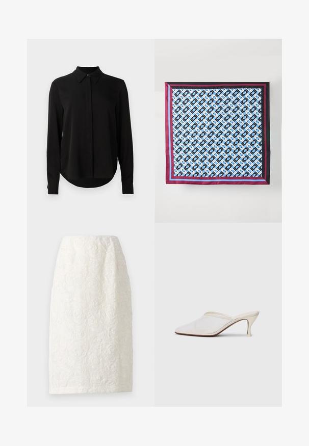 Schwarze Bluse mit langen Ärmeln, spitzem Kragen, verdeckter Knopfleiste und abgerundetem Saum vor einem schlichten weißen Hintergrund.; Knie-lange weiße Rock mit einem strukturierten Blumenmuster, das erhabene Rosendesigns und einen dezenten Schimmer aufweist. Schlichte, gerade Silhouette.; Weiße Mesh-Pantoletten mit spitzer Zehenform, schlankem Mittelabsatz und Slip-On-Design vor einem schlichten Hintergrund.; Seidenschal mit einem wiederholenden blau-schwarzen Muster auf weißem Hintergrund, eingefasst mit kastanienbraunen und blauen Streifen entlang der Kanten.