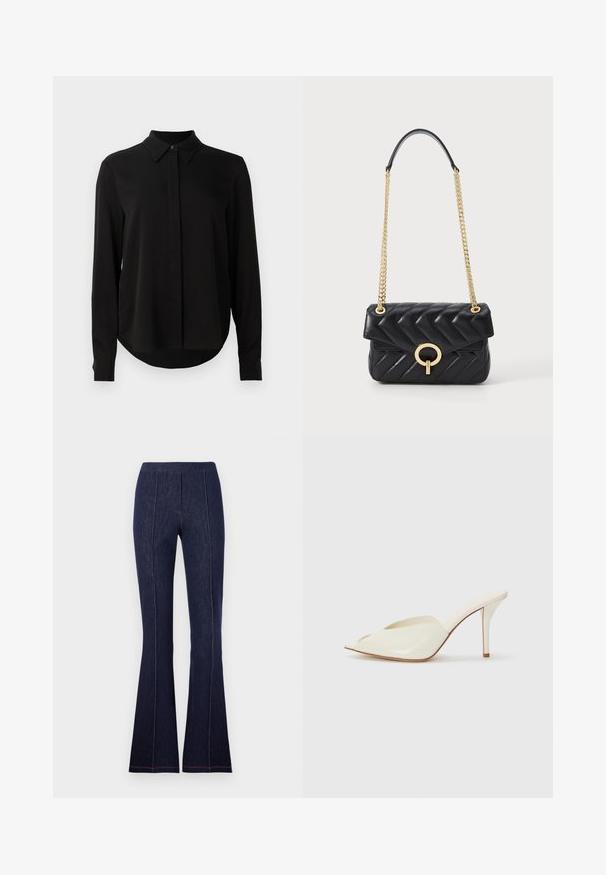 Blouse noire à manches longues avec col pointu, patte de boutonnage dissimulée et ourlet arrondi sur fond blanc uni.; Diane von Furstenberg ELISE PANTS - Jean flare - navy; Mules en cuir verni blanc à bout ouvert avec un design pointu, un talon fin et une texture lisse ; style minimaliste avec des détails de couture subtils.; Sac à main en cuir matelassé noir avec une bandoulière en chaîne dorée, présentant un fermoir à rabat en or arrondi. Forme rectangulaire compacte.