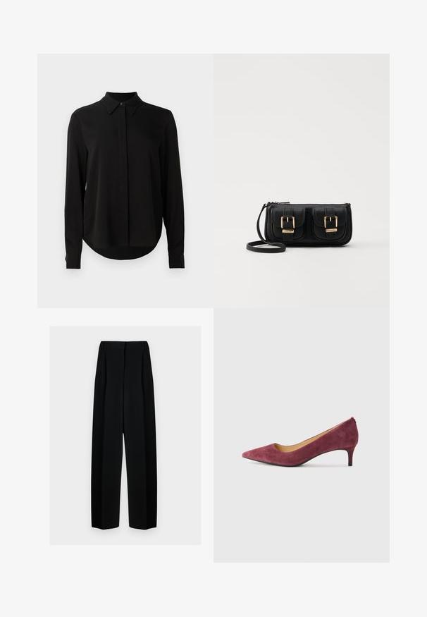Black long-sleeve blouse with pointed collar, concealed button placket, and curved hem against a plain white background.; Black wide-leg trousers with a high waist, featuring pleats and a smooth texture. The fabric appears lightweight and drapes elegantly.; Burgundy suede high heel pump with a pointed toe, low heel, and smooth inner lining. Textured exterior and sleek, classic design.; Black leather crossbody bag with two front pockets, gold buckles, zipper closure, and a slim strap. Textured surface and compact rectangular shape.