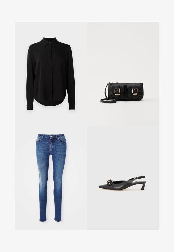 Crna bluzica dugih rukava s oštrim ovratnikom, skrivenim kopčanjem i zakrivljenim rubom na jednoj bijeloj pozadini.; Plave uske traperice s glatkom teksturom, srednjim strukom, pet džepova i laganim izbljeđivanjem na bedrima. Imaju metalnu dugmad i zatvaranje na patentni zatvarač.; Crne kožne sandale s remenčićem i šiljastim vrhom, malim potpeticama i dekorativnom kopčom na gornjem dijelu. Glatka tekstura, minimalistički dizajn.; Crna kožna torba preko ramena s dva prednja džepa, zlatnim kopčama, zatvaranjem na zip i uskim remenom. Teksturirana površina i kompaktan pravokutan oblik.